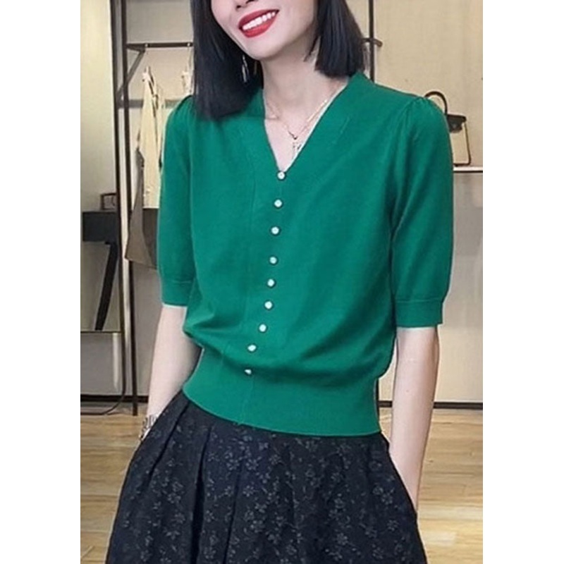 Fine Green V Neck Nail bead Patchwork Knit Top Puff Sleeve