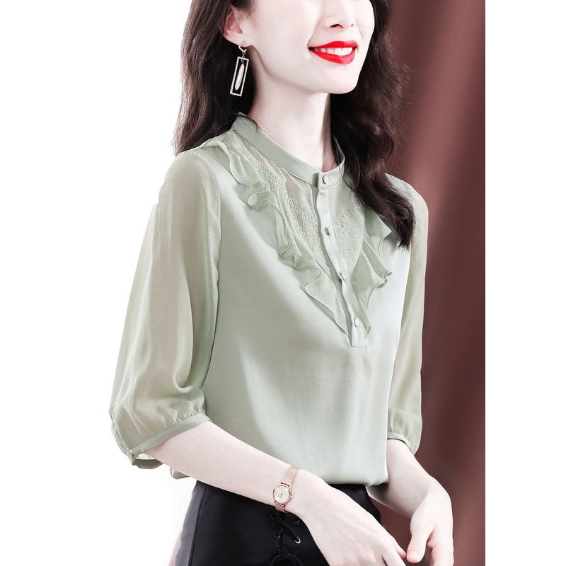Fine Light Green Ruffled Patchwork Silk Shirts Summer