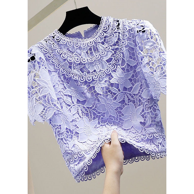Fine Purple Embroideried Hollow Out Patchwork Lace Tops Summer