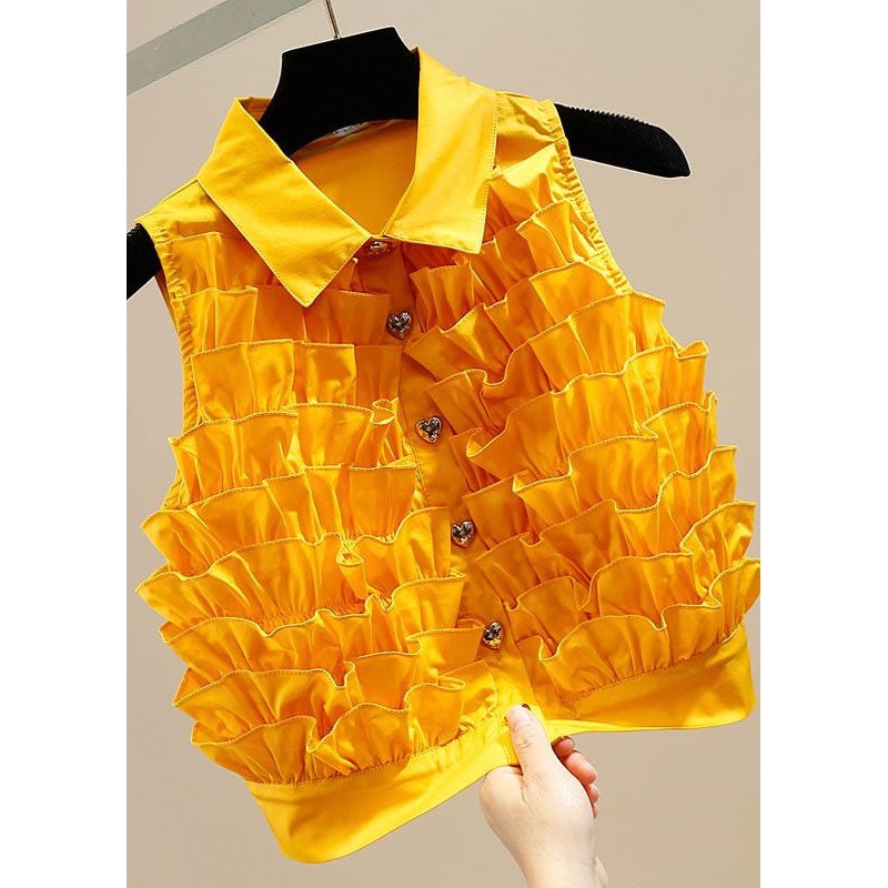 Fine Yellow Ruffled Patchwork Chiffon Shirt Top Sleeveless