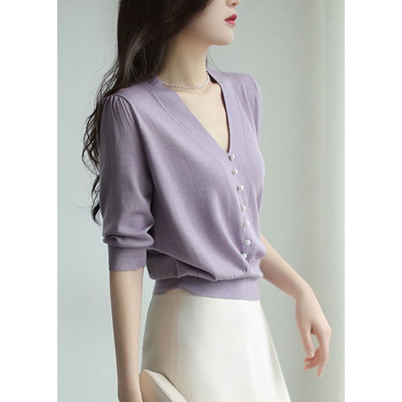 Fitted Purple V Neck Nail Bead Patchwork Knit Sweaters Half Sleeve