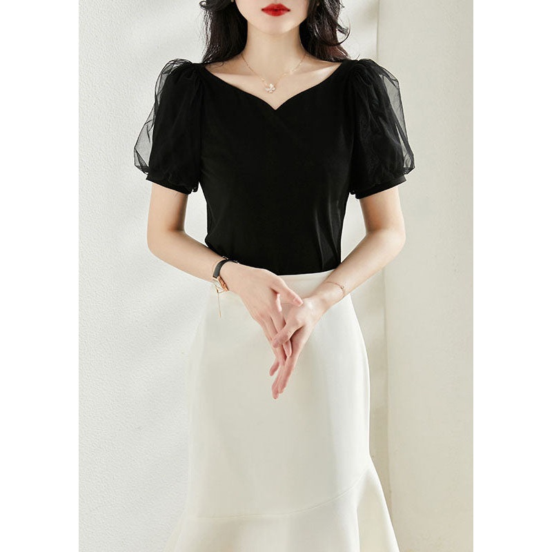 French Black Puff Sleeve Tulle Patchwork Knit T Shirt Top