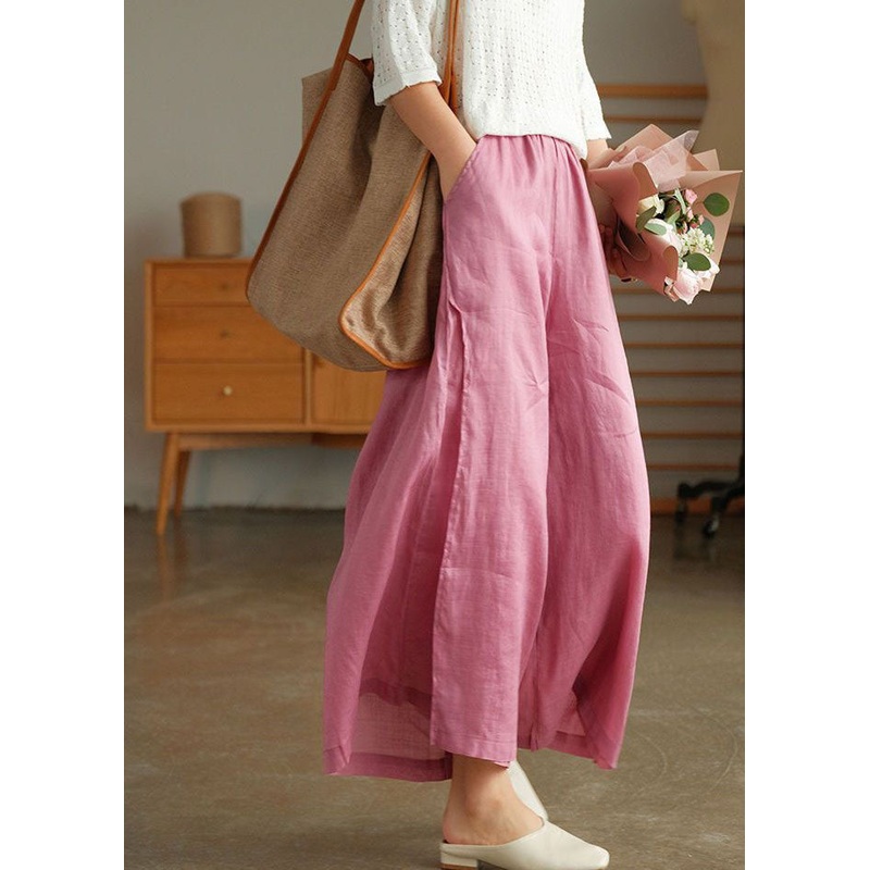 French Pink Elastic Waist Pockets Linen Wide Leg Pants Summer