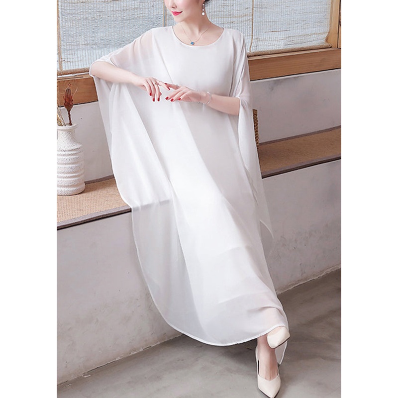 French White Oversized Chiffon Long Dress Two Pieces Set Cloak Sleeves