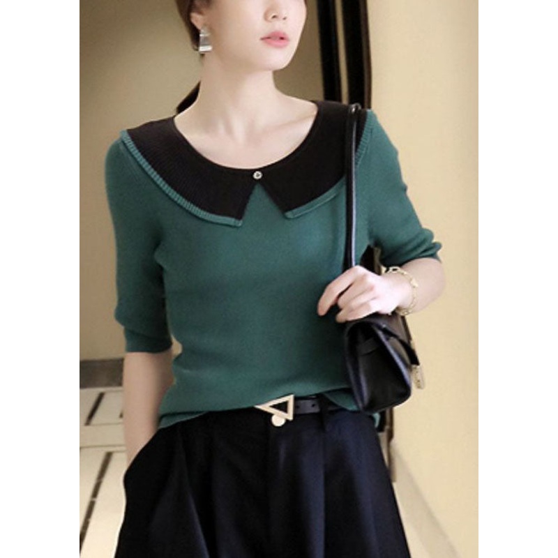 Green Patchwork Knit T Shirt Top Peter Pan Collar Summer