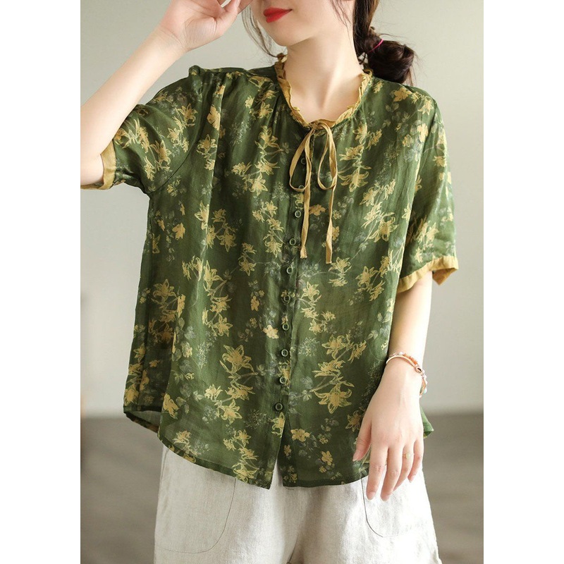 Green Print Linen Blouse Top Wrinkled Summer