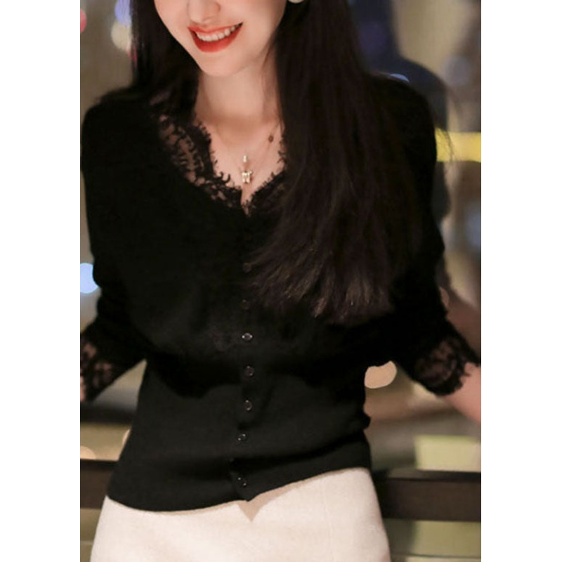 Handmade Black V Neck Lace Patchwork Cashmere Knitted Tops Spring