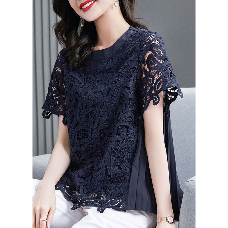 Handmade Navy O Neck Wrinkled Patchwork Lace T Shirt Top Summer