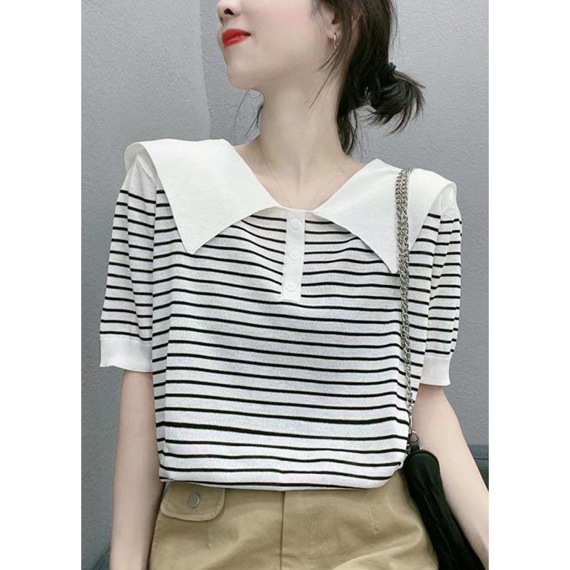 Handmade White Sailor Collar Striped Cotton T Shirt Summer