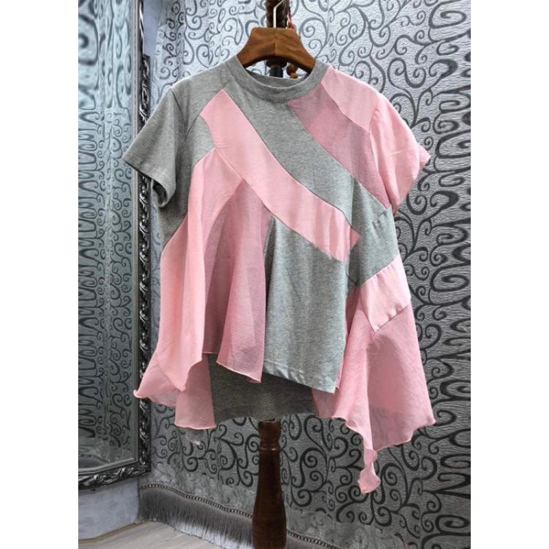 Italian Colorblock Asymmetrical Patchwork Cotton T Shirt Tops Summer
