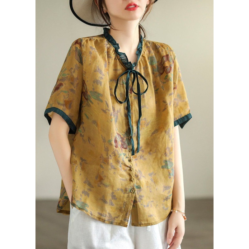 Italian Yellow Ruffled Print Linen Blouse Tops Summer