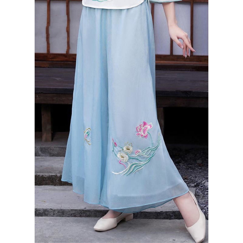 Light Blue Chiffon Wide Leg Pants Draping Embroideried Spring
