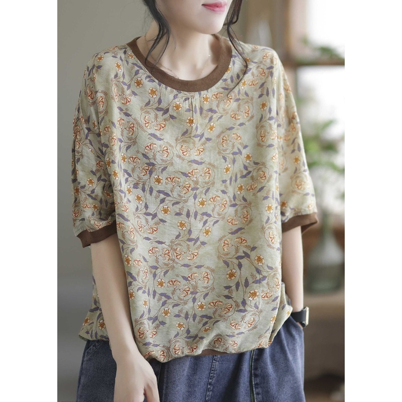Light Green Patchwork Print Cotton T Shirt O Neck Summer