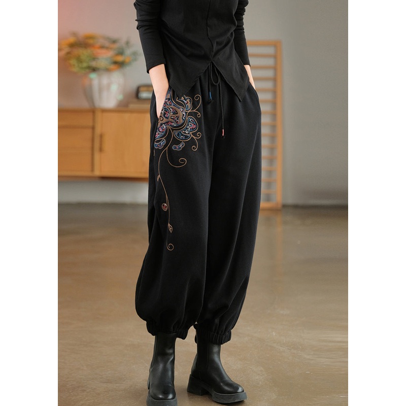Modern Black Elastic Waist Embroideried Cotton Harem Pants Spring