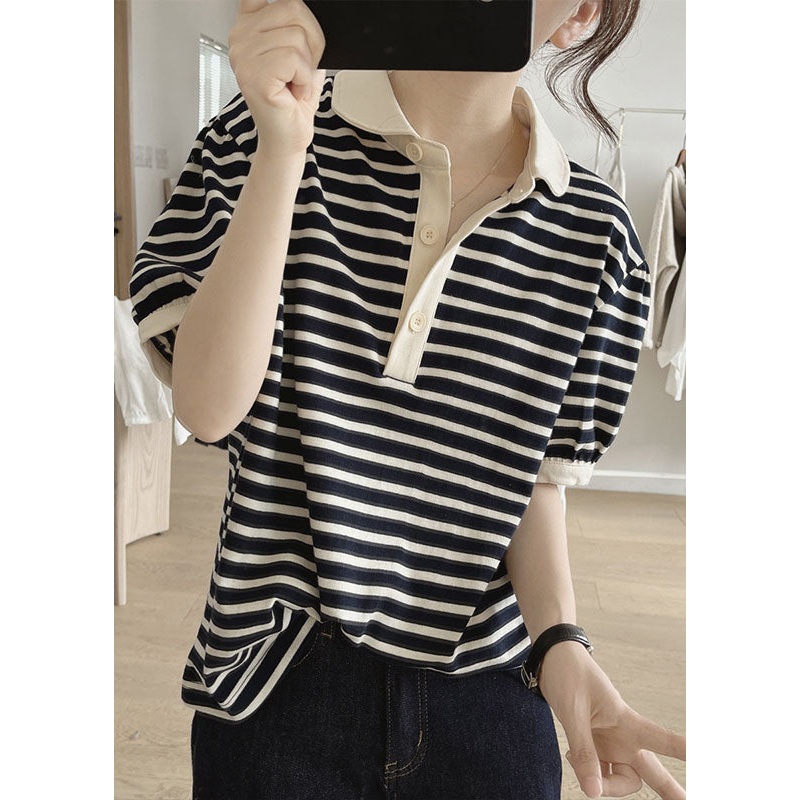 Modern Black Peter Pan Collar Striped Knit T Shirt Summer