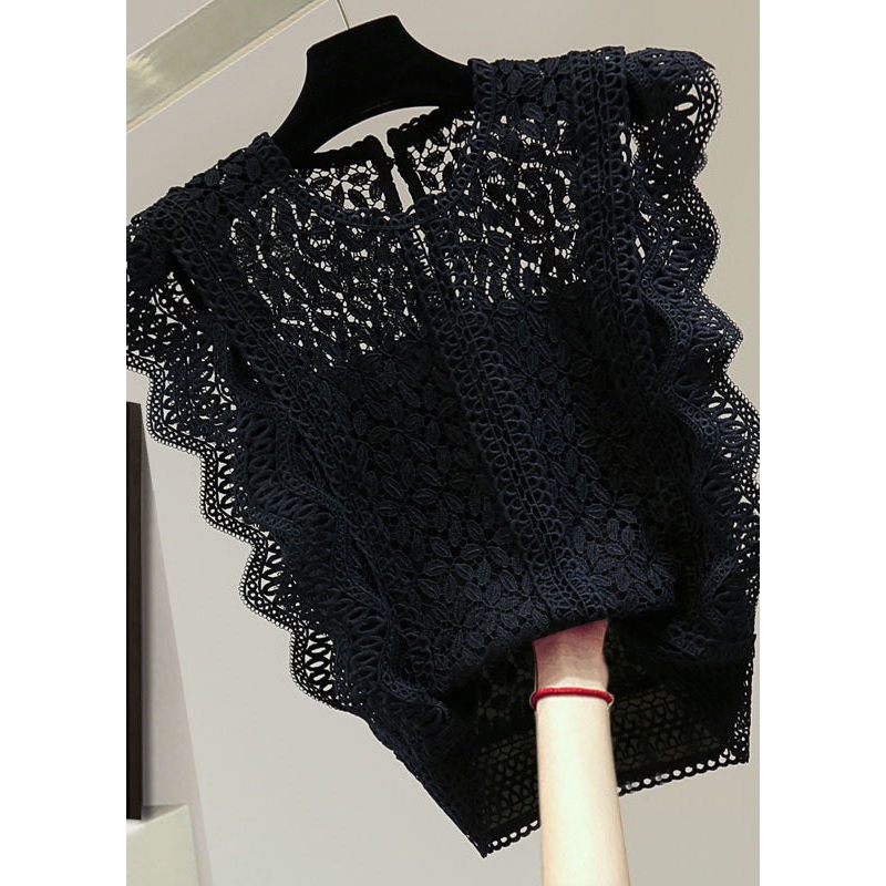 Natural Black O-Neck Hollow Out Lace Patchwork Tops Sleeveless