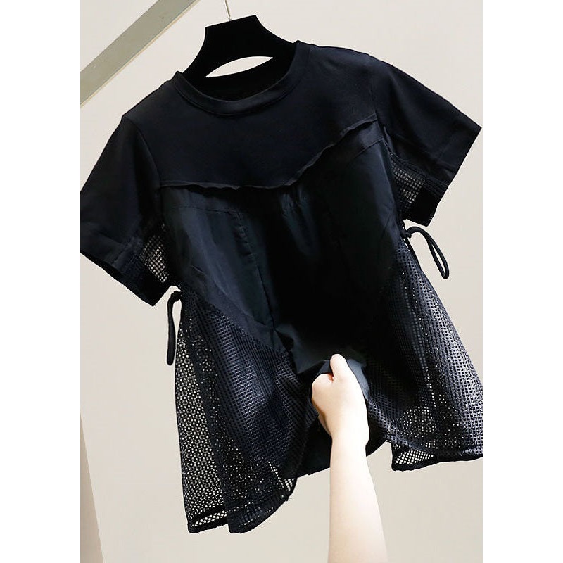Natural Black O Neck Hollow Out Patchwork Cotton T Shirt Tops Summer