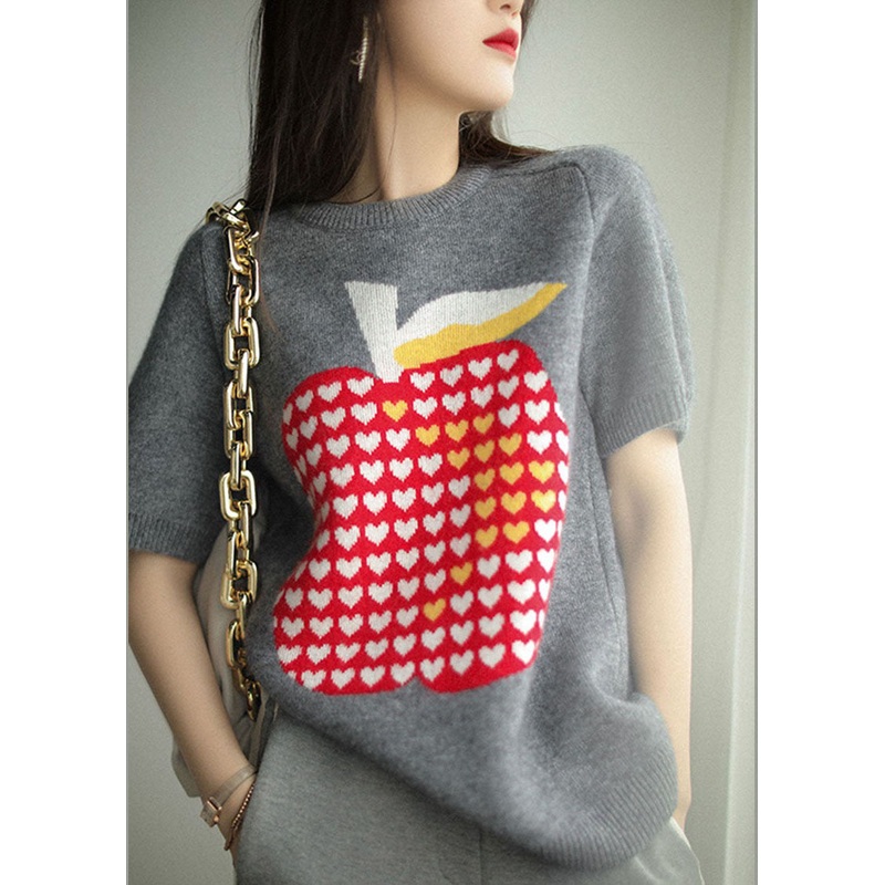 Natural Grey O Neck Jacquard Patchwork Cashmere Sweater Short Sleeve