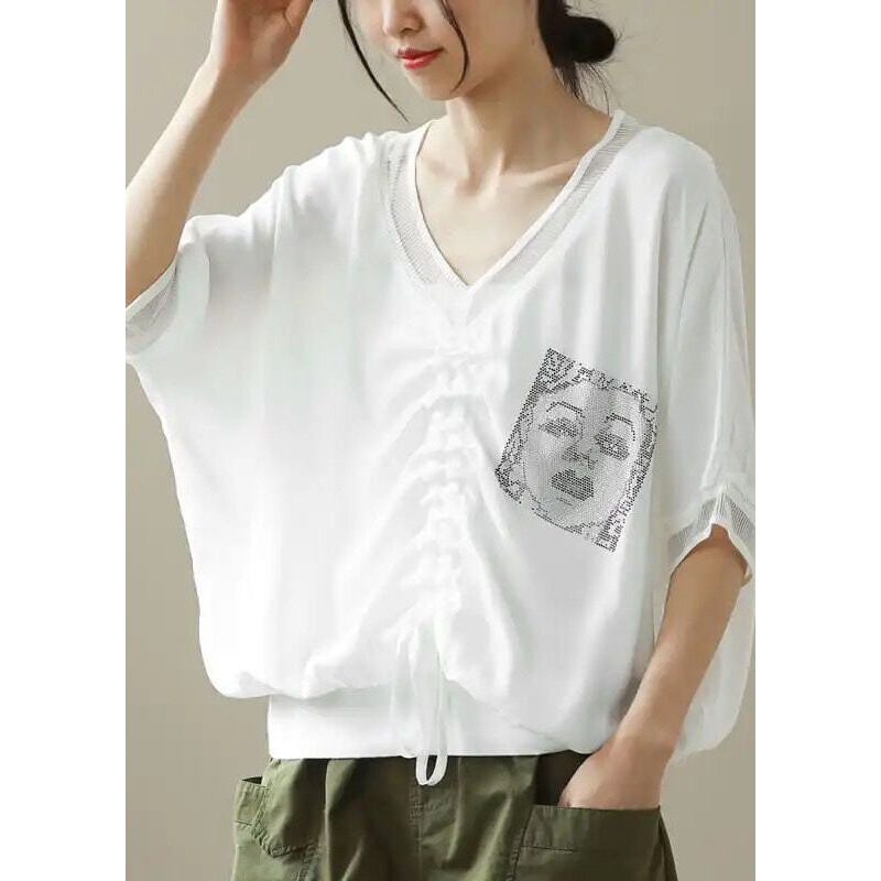 Natural White Oversized Print Wrinkled Chiffon Shirt Top Half Sleeve