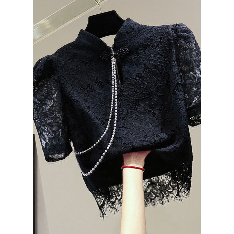 Organic Black Hollow Out Nail bead Patchwork Lace Top Summer