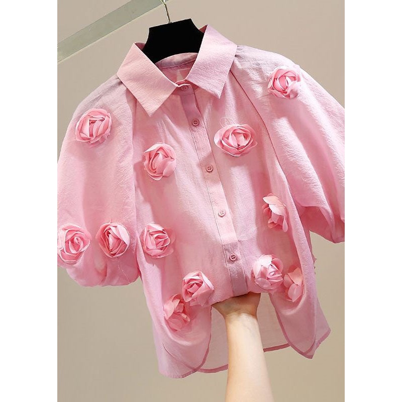 Pink Patchwork Tulle Blouses Peter Pan Collar Floral Decorated Summer