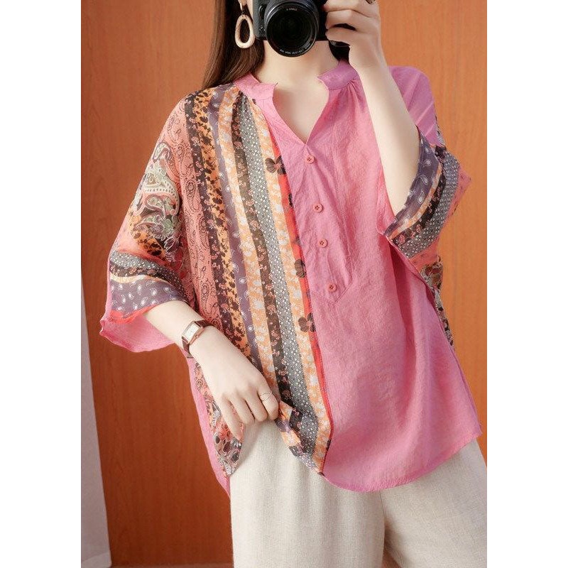 Pink Print Cotton Loose Top V Neck Batwing Sleeve