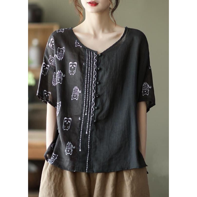 Plus Size Black Asymmetrical Character Print Cotton Top Half Sleeve