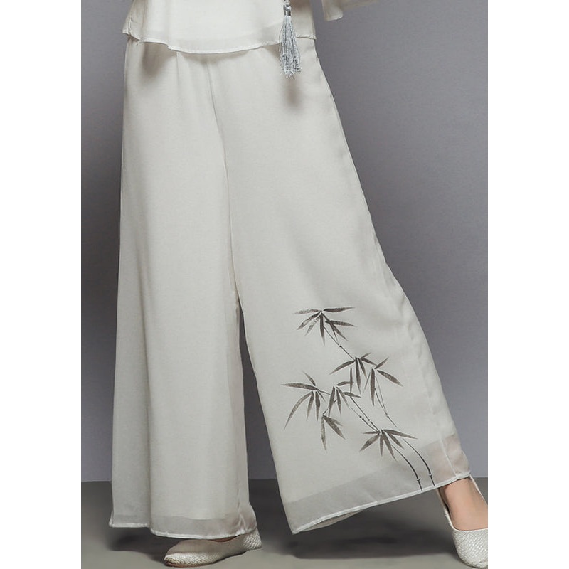 Plus Size White Elastic Waist Print Draping Chiffon Wide Leg Pants Summer