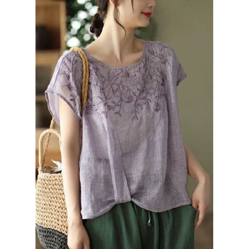 Purple Linen Tanks Embroideried Oversized Short Sleeve