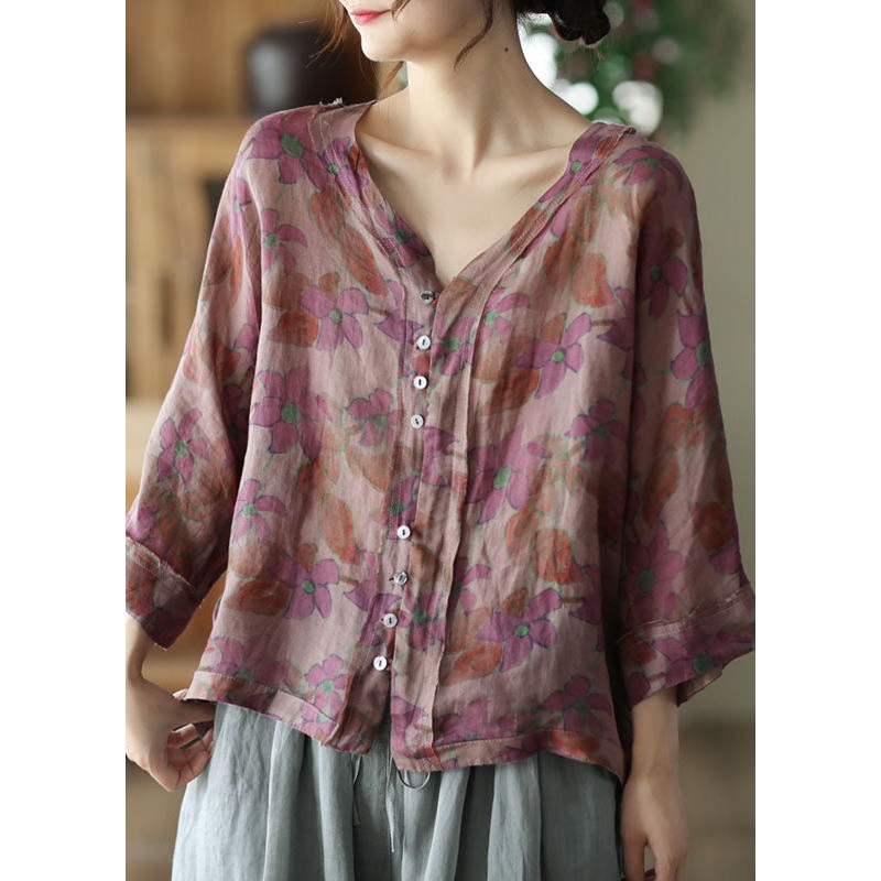 Purple Print Summer V Neck Button Linen Shirt Tops