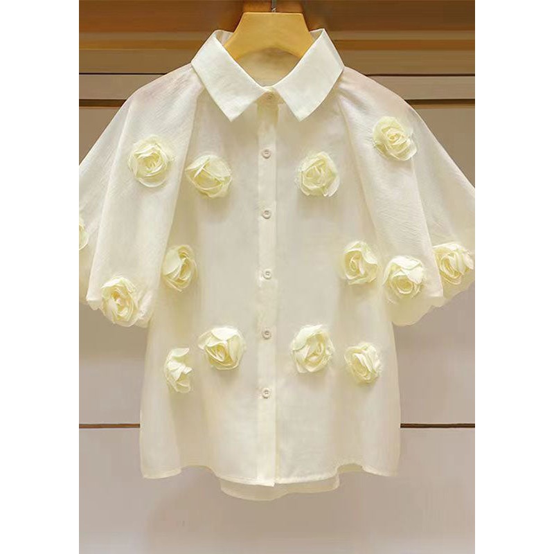 Simple Beige Peter Pan Collar Patchwork Tulle Shirt Tops Lantern Sleeve