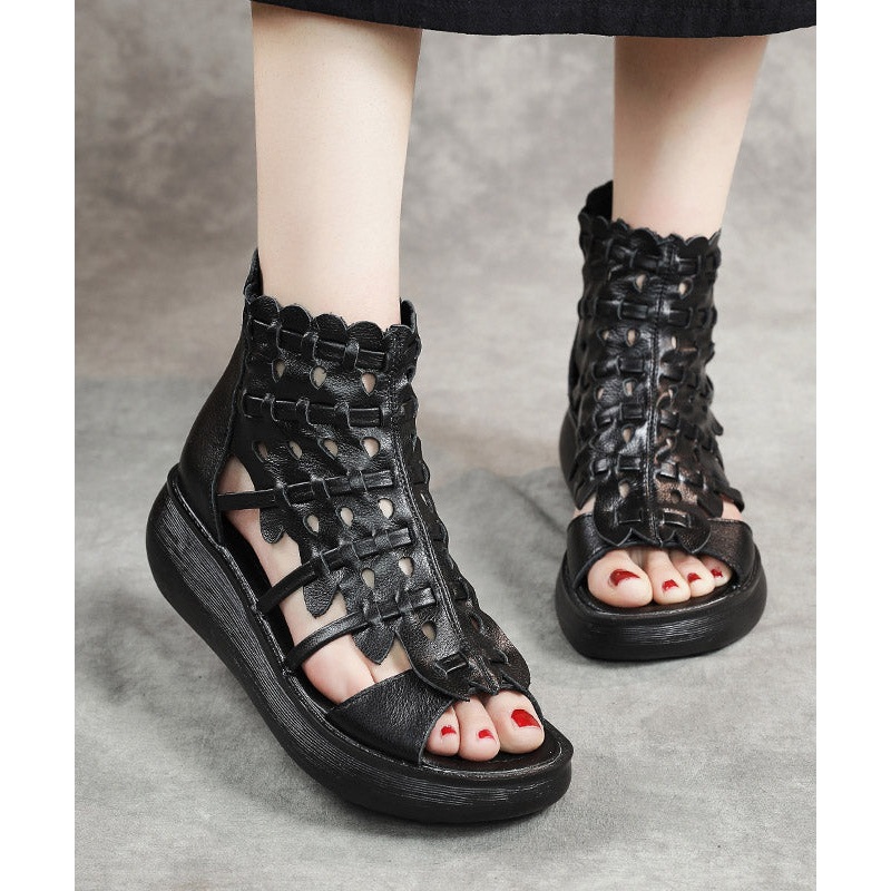 Simple Black Cowhide Leather Sandals Cross Strap Splicing Sandals