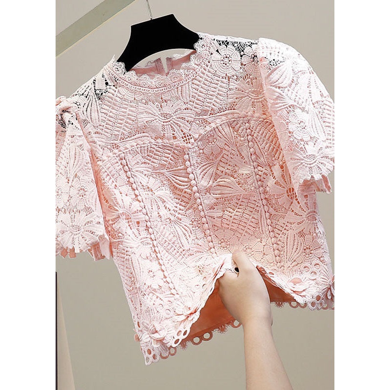 Simple Pink O Neck Floral Patchwork Hollow Out Lace Blouse Top Summer