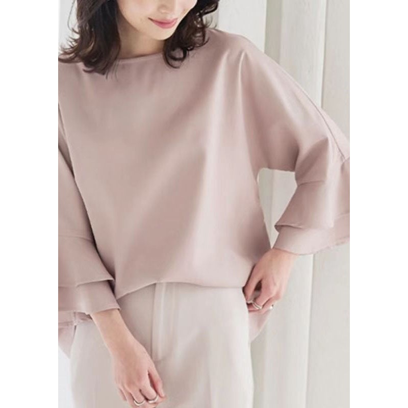 Simple Pink O Neck Patchwork Chiffon Top Flare Sleeve