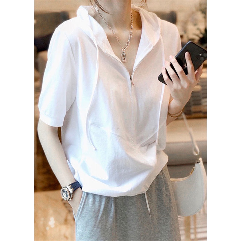 Simple White Hooded Zippered Patchwork Cotton T Shirts Summer