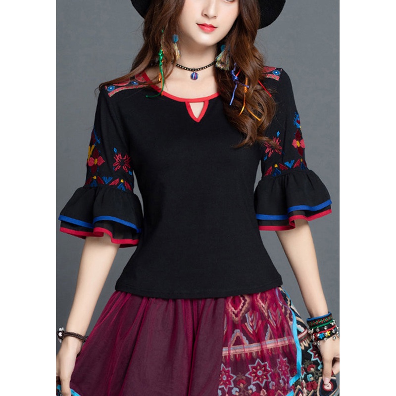 Slim Fit Black Embroideried Patchwork Cotton Top Flare Sleeve
