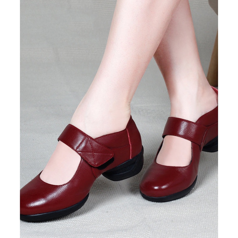 Soft Red Cowhide Leather Splicing Buckle Strap Chunky Ballet Flats Shoes