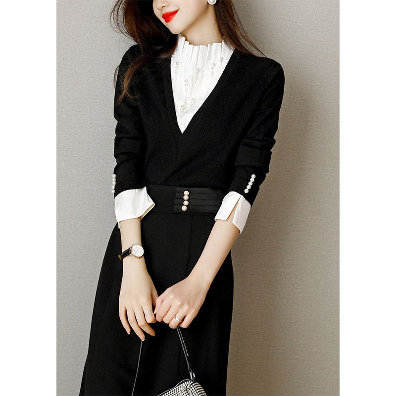 Style Black Patchwork Knit Sweater Tops Spring