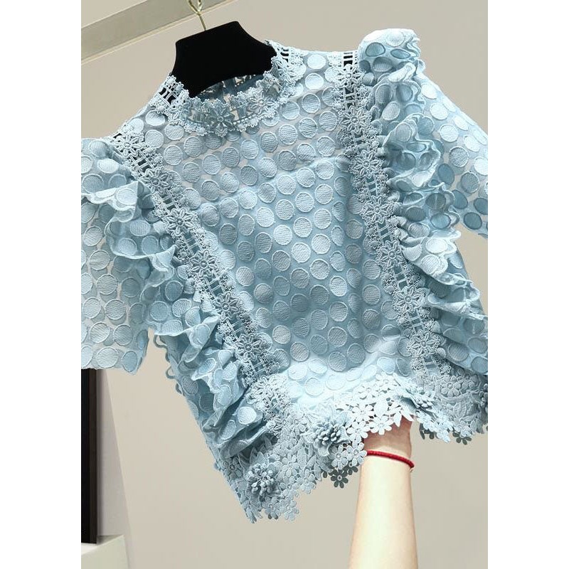 Style Blue Ruffled Patchwork Hollow Out Lace Top Summer