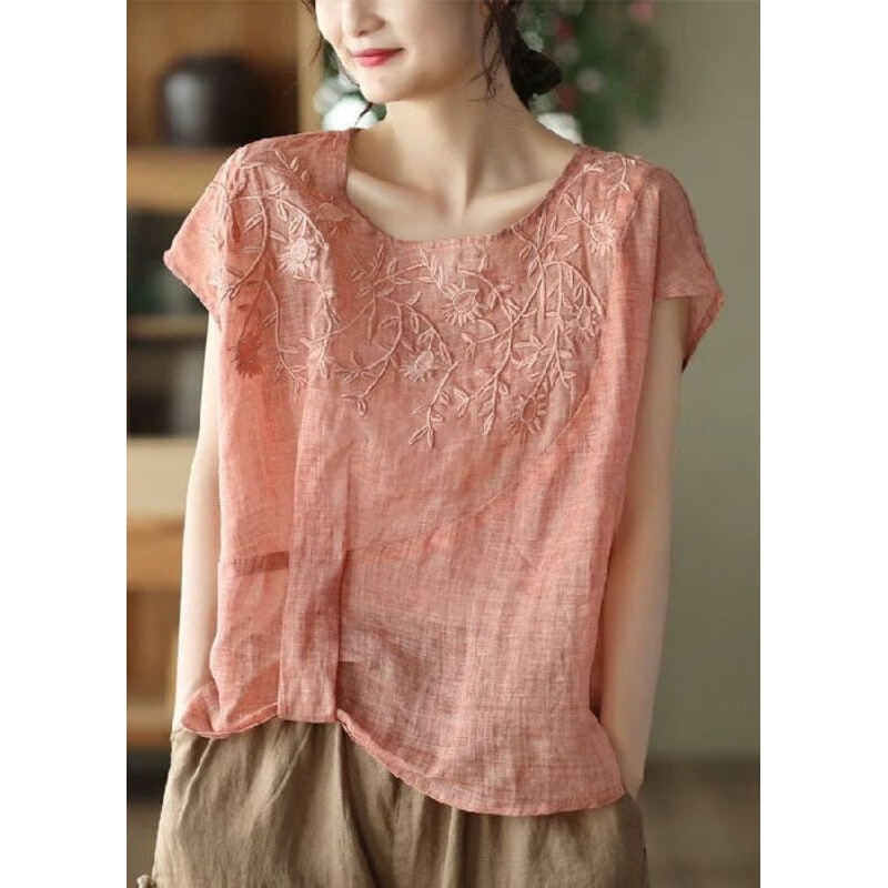 Style Orange Oversized Embroideried Linen Tank Short Sleeve