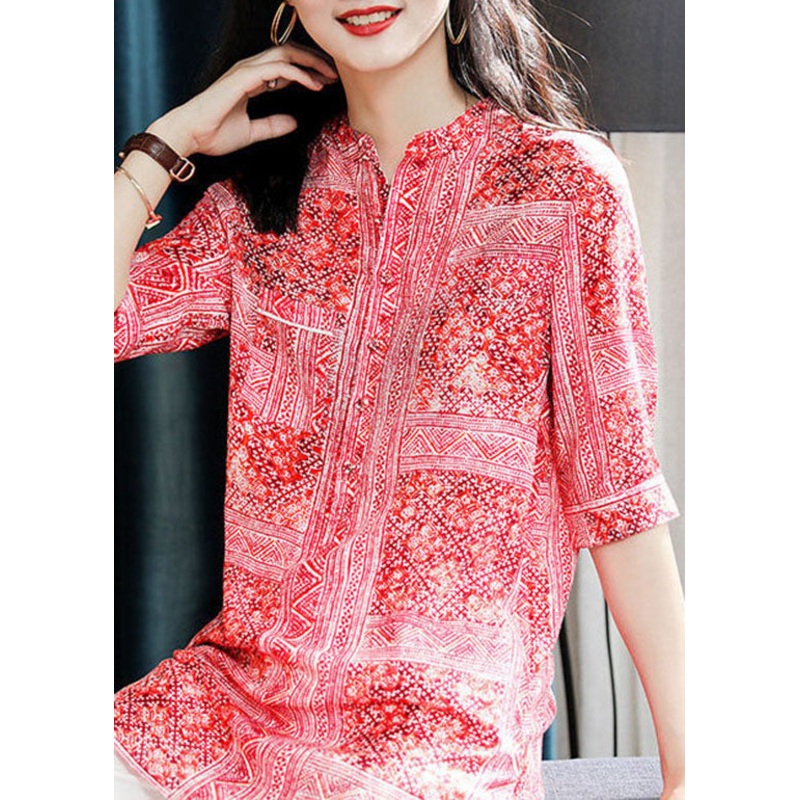Style Red Stand Collar Print Side Open Silk Shirts Summer