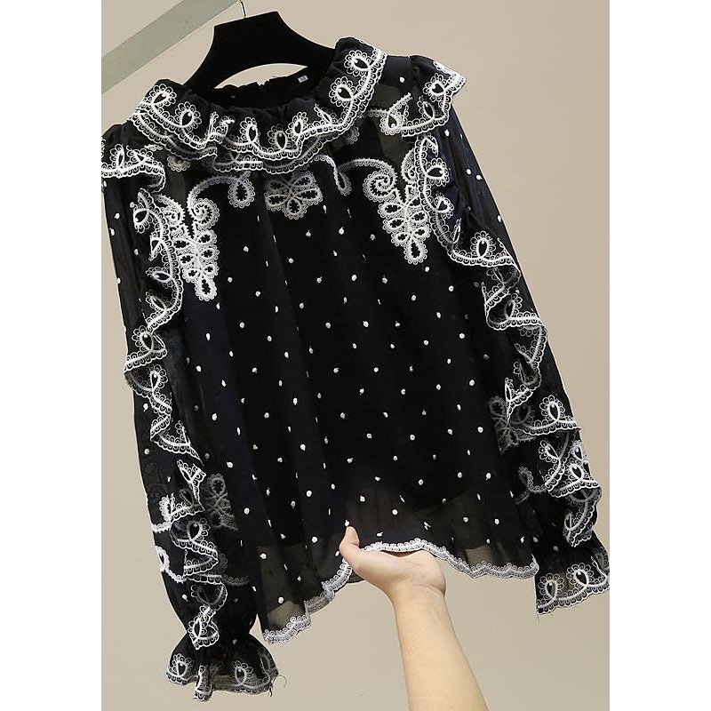 Stylish Black Ruffled Embroideried Patchwork Chiffon Top Spring