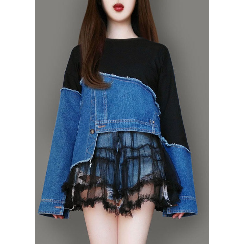 Stylish Colorblock Asymmetrical Denim Patchwork Cotton Sweatshirts Top Spring