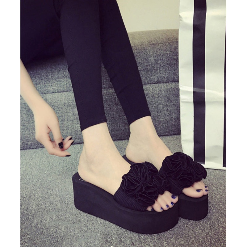 Unique Black Flower Breathable Mesh Platform Slide Sandals