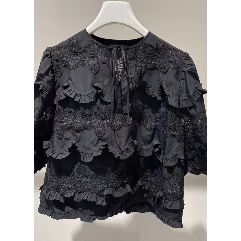 Unique Black Ruffled Lace Patchwork Cotton Shirt Top Summer