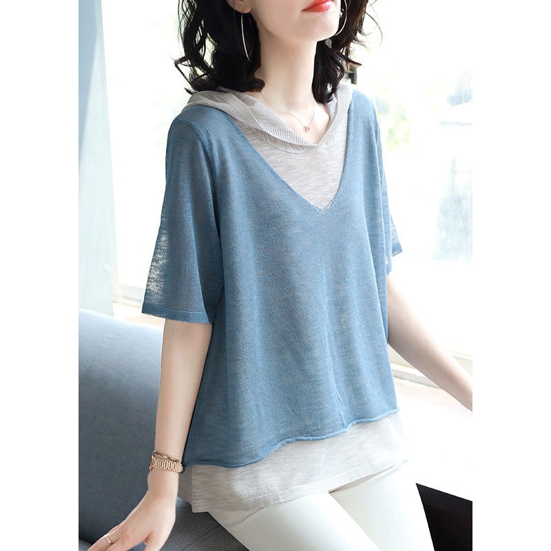 Unique Blue Hooded False Two Pieces Patchwork Knit Shirt Top Summer