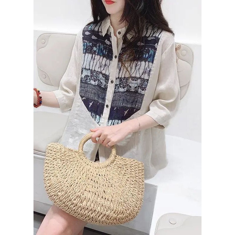 Unique White Oversized Patchwork Print Linen Shirt Top Half Sleeve