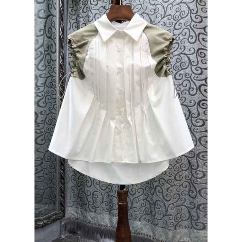 Unique White Peter Pan Collar Wrinkled Patchwork Cotton Blouse Tops Sleeveless