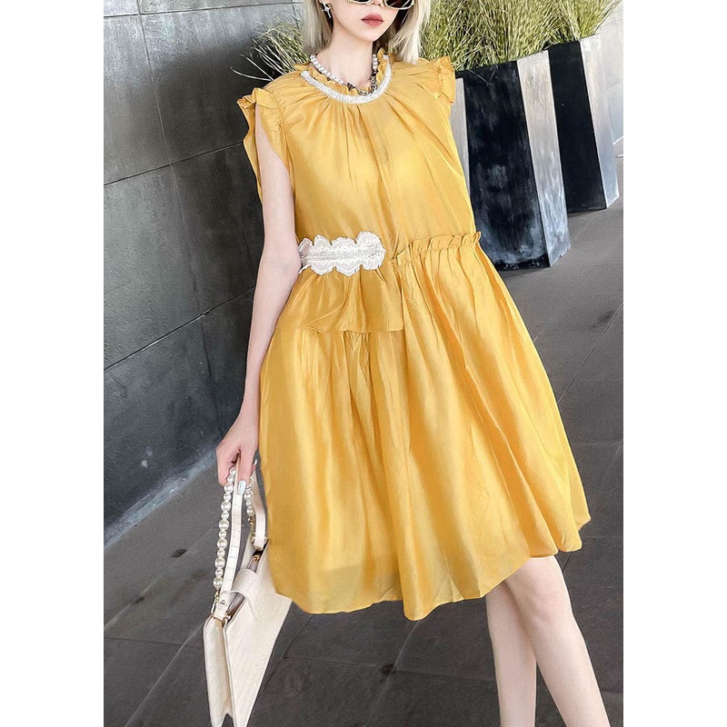 Unique Yellow Ruffled Patchwork Cotton Mid Dress Summer