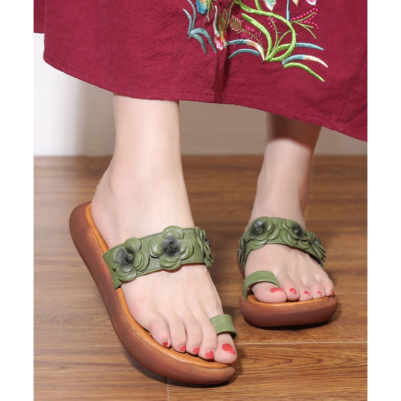 Vintage Army Green Cowhide Flower Splicing Peep Toe Slide Sandals